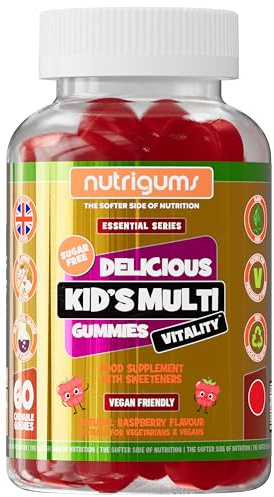 Kids Multi Vitality Sugar Free Gummy | Multivitamin for Bones, Teeth, Immunity, Energy & Cognitive Function | Strawberry Flavour | 60 Vegan Gummies | Suitable for Kids Age 5+ by NUTRIGUMS®