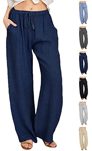 CheChury Pantalon Lin Femme Été Décontractés Pantalons Mode Coton Chanvre Confortable Jogging Plage Rétro Pants Taille Elastique Pantalon avec Poches