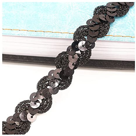 Yurosiay 10m×1.5cm Paillettenband Glänzende Geflochten Paillettenborte Wellig Dekoband Pailletten Zierband Bunt Paillettenband zum Aufnähen Paillettenbesatz für DIY Nähen Handwerk Schwarz