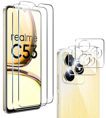 Heioloo [4 Piezas] Protector de Pantalla para Realme C53/Realme Note 50,2 Piezas Cristal Templado con 2 Piezas Protector de Lente de cámara,Sin Burbujas,Dureza 9H.