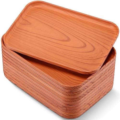 Didaey Paquete de 12 bandejas de plástico de comida rápida a granel de 9.45 x 6.7 pulgadas, bandejas de cafetería de madera de imitación para la escuela, bandejas de almuerzo rectangulares para