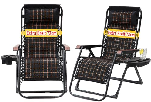 JHYCCDD Sonnenliegen/Liegestuhl Klappbar/Gartenliege/Tragbarer Camping-Liegestuhl mit Nackenstütze, Tablett Perfekt für Camping, Garten, Balkone, Sonnenbaden (Schwerelosigkeitsstühle 2er Set)