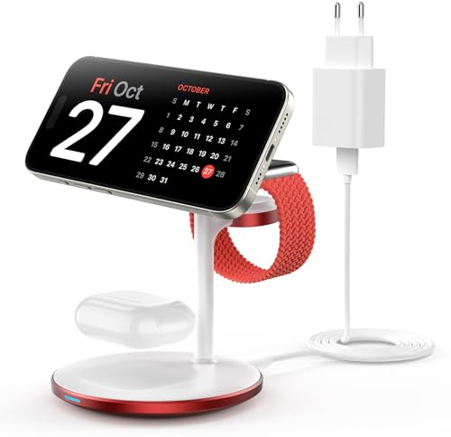 Estación de Carga inductiva, Cargador de estación de Carga inalámbrico 3 en 1, Cargador inalámbrico Compatible con Cargador mag Safe para iPhone 16 15 14 Pro MAX/Plus Apple Watch Ultra 8 Rojo