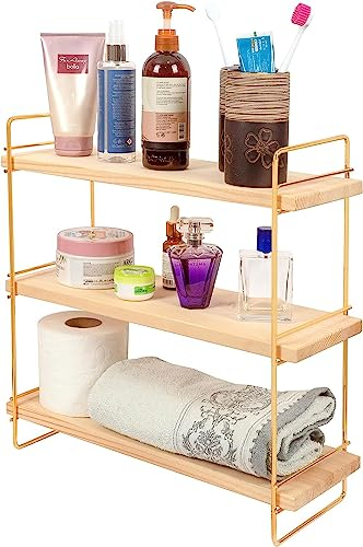 Ndeko Arbeitsplatte Regal aus Holz und Metall Gold mit 3 Ablagen, Badregal, Holzregal, Regalbrett Organizer und Aufbewahrung für Badezimmer Wohnzimmer Küche