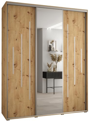 MEBLE KRYSPOL Davos 13 200 Schrank mit DREI Schiebetüren für Schlafzimmer - Moderner Kleiderschrank mit Spiegel, Kleiderstange und Regalen - 235,2x200x60 cm - Artisan Artisan Silber