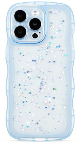 ZTOFERA Cute Case for iPhone 11 Pro 6.1,Blue | Curly Wave Frame Design,Glitter Shiny Bling Star,Clear Soft TPU Shockproof Protetive Phone Case