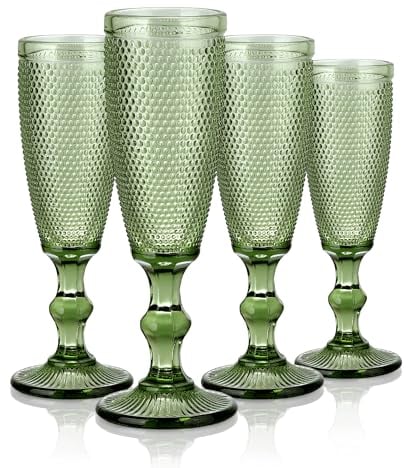 Joeyan Champagne Flutes Glasses Set of 4, 150ml Red White Wine Glasses Drinking Glasses Stemmed Vintage Glassware Gifts for Wine Tasting Wedding Anniversary Birthday Party, Green