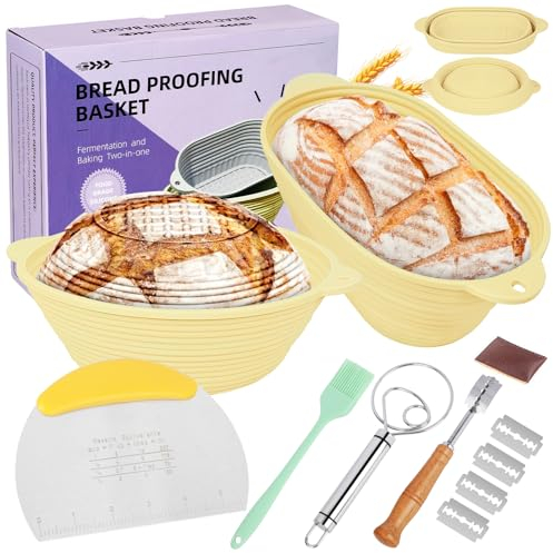 Destni Banneton Bread Proofing Basket, Double-sided Texture, 10 Inch Round & 10 Inch Oval Silicone Banneton Basket, Foldable Hanging Proofing Baskets for Sourdough Bread Baking, Beige