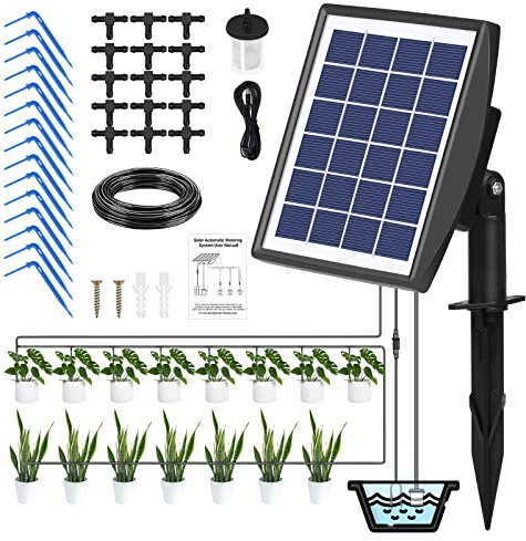Onherm Irrigazione Automatica Energia Solare, kit irrigazione Automatica da Giardino con Tubo Lungo 15M e Gocciolatore, Adatto per Piante in Vaso da Giardino e Balcone All'aperto, Verdure