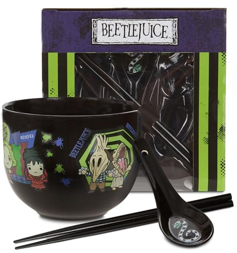 Culture Fly Beetlejuice Microwave Ramen Bowl Set with Chopsticks and Spoon, 16 oz Ceramic Instant Noodle Bowls with Chopsticks, Ramen Noodle Bowl, Rice Bowl Anime Gifts for Men