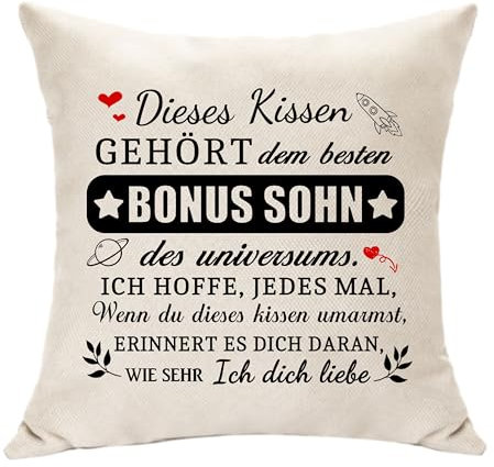 Hasodeo Original Bonus Sohn Kissenbezug - Geschenk von Papa Mama für Stiefsohn - Geburtstag Weihnachten Idee - Stolz auf den Sohn