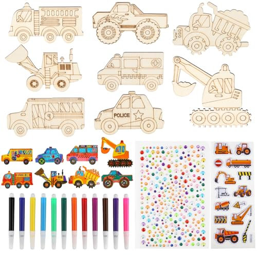 RISF 38 Stück Auto Kinder Bastelset Kit, Bastelset Holz Inklusive Technische Fahrzeuge zum Bemalen, Bunter Pinsel, Glitzersticker, Holz Tier Basteln für DIY Kinder Malen Dekoration