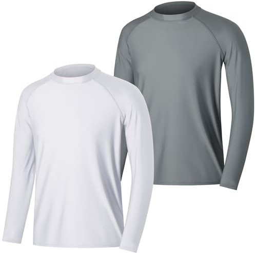MASOCIO Camiseta Proteccion Solar Hombre Manga Larga UPF 50 Anti UV Protector Solares Surf Natacion Baño Playa Agua 2 Piezas Secado Rápido M Blanco Gris