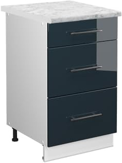 Vicco Küchenunterschrank Fame-Line, Dunkelblau Hochglanz, 50 cm, AP Marmor, zur Kombination mit weiteren Modulen der Fame-Line Serie
