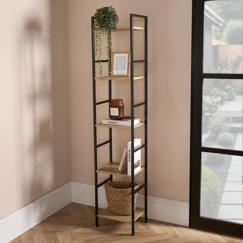 OHS 5 Tier Ladder Shelves, Home Office Living Room Shelves Industrial Bookcase Shelf Stand Narrow Shelves for Bedroom Bathrooms Rustic Wooden Metal Frames - 140 x 30 x 24cm