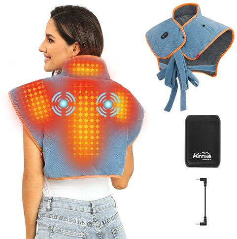 Kintiwe 12V Kabellos Heizkissen für Nacken und Schulter mit 15000mAh Akku und Massagegerät, Elektrisches Wärmekissen mit 3 Temperaturstufen, 4 Heizzonen, Waschbar, 60x43cm