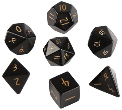 7PCS Natürlicher Edelstein DND Würfel Set, Helles Obsidian Rollenspiel D&D Würfel, DND Kristall Edelstein Würfel Set, Polyeder Edelstein Würfel Set für RPG Brettspiele Schwarz F