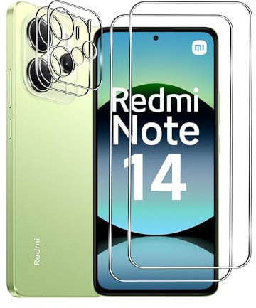 Afikyutu Protector de Pantalla para Xiaomi Redmi Note 14 4G, 2 Piezas Cristal Templado + 2 Protector de Lente Cámara, Anti-Arañazos, Fácil de Instalar, 9H Dureza Vidrio Templado
