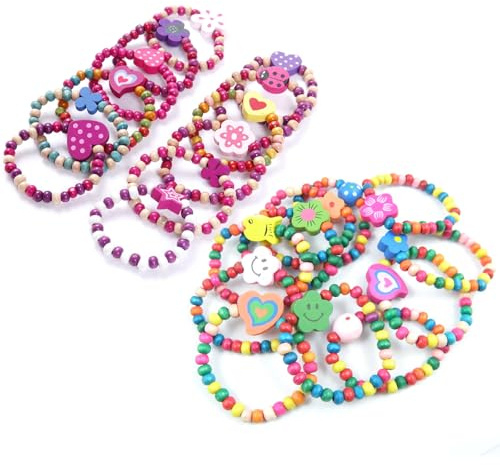 BDSHUNBF 24 x Girl's Bracelets, Friendship and Bead Jewelry for Children, Flower Heart Butterfly Elastic Bracelet, Princess Style