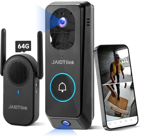 JAIOTlink - Wireless Dual Lens Doorbell with Doorbell, 2K Front Door Camera for Home Security, Delivery Protector with 64GB SD Card, Human Detection, Night Vision,