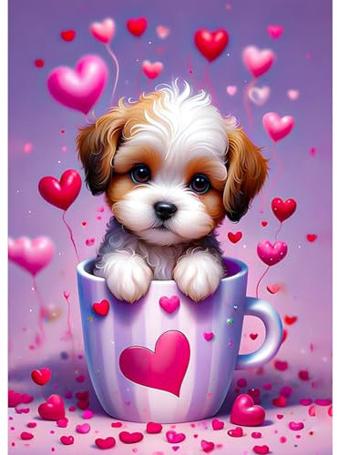 KEYIFA Liebe Welpe Diamond Painting Zubehör, 5D Hund Crystal Art Foto Bastelset Diamond Painting Erwachsene, DIY Vollbohrer Bilder Diamond Painting Set, Home Wand Dekor 30x40cm