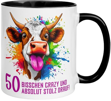 50 Geburtstag Frau Mann Geschenk Tasse | Bisschen crazy und absolut stolz drauf - Kuh | Lustige Geschenk Geburtstagstasse mit Spruch 50. Geburtstag | 50ter Geburtstag - Witziges Geburtstagsgeschenk