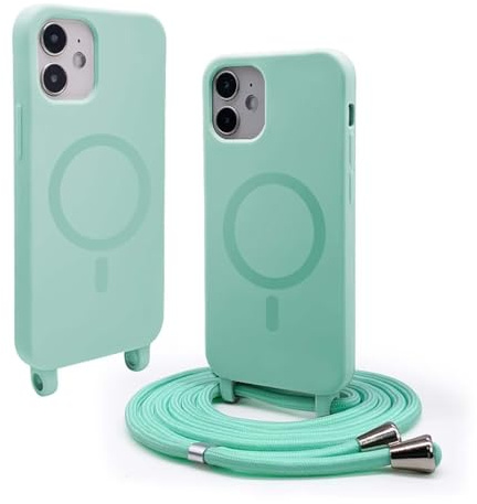 BGHHEU Magnética Funda con Cuerda para iPhone 12 Mini [Compatible con Magsafe],Ajustable Collar Correa de Cuello CordónCarcasa de Silicona,Carcasa Protectora Silicona AntiChoque,Verde Menta