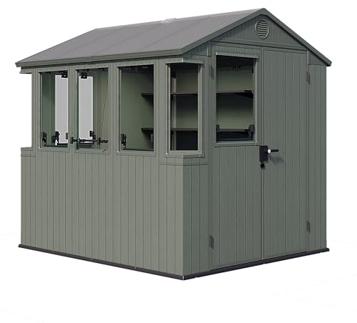 Keter Darwin Gewächshaus 244x190x221cm Grün - Treibhaus aus Kunststoff mit Satteldach & 5 Belüftungsfenstern