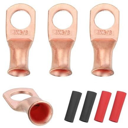 sourcing map 4pcs 4 AWG M10 Battery Lugs Ring Terminals, 3/8 10mm Stud Crimp Wire Terminal Connector End Copper, 2:1 Heat Shrink Tubing, Gold