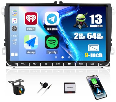2G+64G CAMECHO Android 13 Radio de Coche con GPS para VW Golf 5 Polo Skoda,9 Pulgadas de Pantalla de Radio de Doble DIN con Carplay inalámbrico Android Auto WiFi RDS/FM Bluetooth+Cámara Trasera