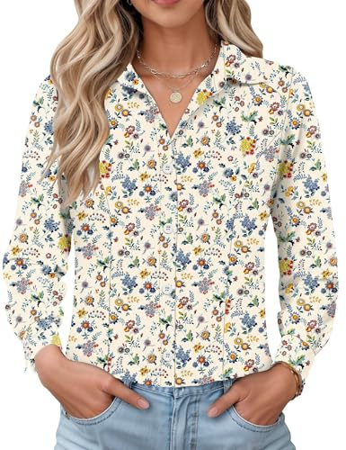 IECCP Womens Blouses Long Sleeve Dress Shirt Slim Fitted Stretch Wrinkle Free Formal Button Down Shirts Work Office Casual Floral Printed Tops 2026(Apricot Colored Flower,M)