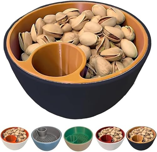 Bol à pistache imprimé 3D à double chambre avec coque de rangement, organiseur de collation 2 en 1 avec compartiment poubelle intégré pour pistaches, graines de tournesol et bonbons (noir)