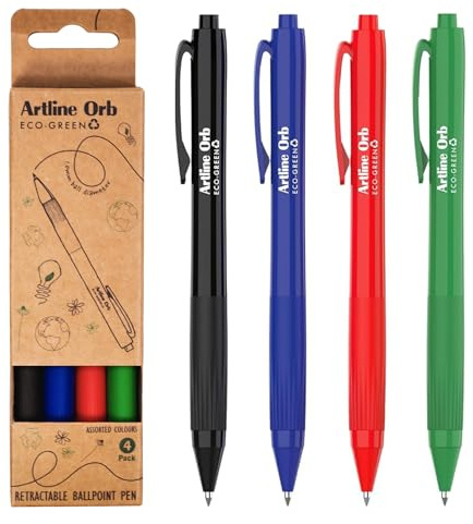 Artline Eco Orb Assorted Ballpoint Pens (Pack of 4) Super Smooth Pen with 1mm Nib, Sturdy Pocket Clip, Cushion Grip, Retractable - Genuine Stationery Supplies