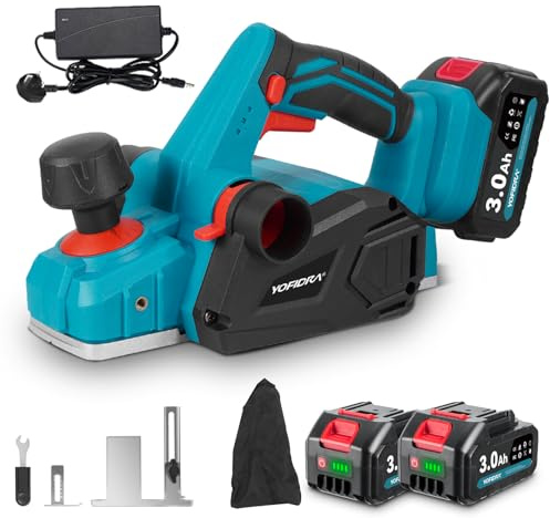 Yofidra Cordless Electric Planer, 16000RPM Power Wood Planer with 82mm Planing Width, 0-1.5mm Adjustable Depth, 2x3000mAh Batteries & Charger, Dust Bag Ideal for Wood, Furniture and DIY Projects