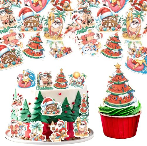 60 Pack Edible Summer Christmas Cake Toppers Christmas Cardboard Tropical Flamingo Cupcake Toppers Santa Claus Surfboard Smooth Xmas Cake Topper Decor for Hawaiian Pool Party Decorations