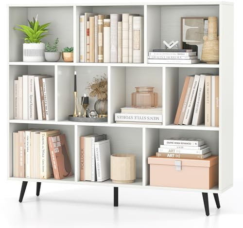 COSTWAY Bücherregal mit Fächern, Standregal mit 3 Ebenen und Holzbeine, Würfelregal 107cm hoch, Büroregal Aufbewahrungregal für Wohnzimmer, Schlafzimmer, Büro (120cm)