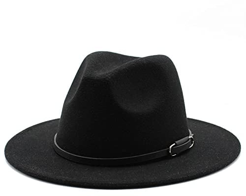 OHEETU Klassischer Unisex-Fedora-Hut, schwarz, breite Krempe, Filz, Panama-Jazz-Mütze mit verstellbarer Gürtelschnalle (56–58 cm)
