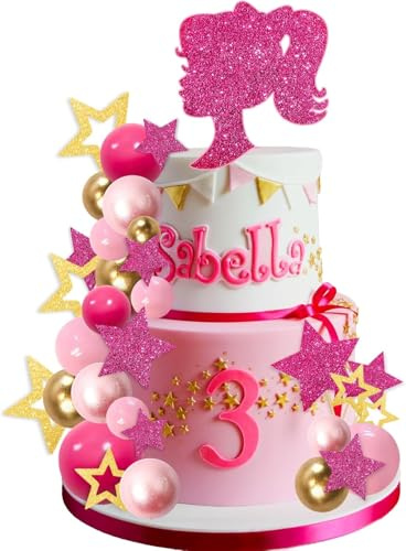 ZWLIYCHN Hot Pink Girl Cake Toppers 36pcs，Shiny Pink Girl Star Ball Cake Decoration，Hot Pink Princess Theme Cupcake Toppers for Wedding Baby Shower Birthday Girls Party Supplies