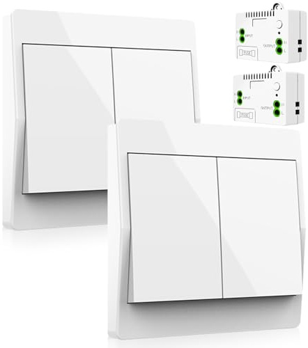 Doppel Funkschalter 230v Funk Lichtschalter Set, Funklichtschalter Batterielos kabellose, Wasserdicht und Sicher, kann Direkt im Badezimmer usw(EU 2Gang 2V 2 A)
