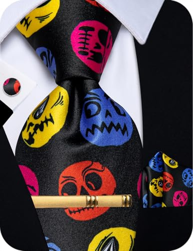 YourTies Halloween Ties for Men Skull Silk Necktie Pocket Square Cufflinks Tie Clip Set Wedding Party Business Formal