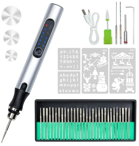 BEE&FLOWER Elektrischer Gravierstift – USB Wiederaufladbarer Gravurstift mit 36 Bits, Einstellbar bis 18.000 U/min, Tragbare Graviermaschine für Schmuck, Holz, Glas, Metall, Keramik (Silber3)