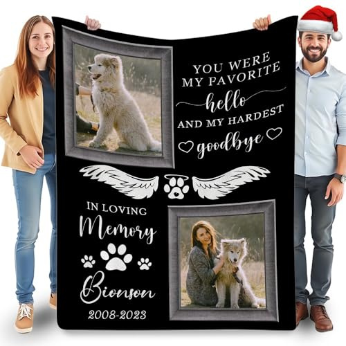 Fegiuly Personalisierte Hundedecke mit Fotos Personalisierte Hunde-Gedenkdecke mit Bildern und Namen in liebevoller Erinnerung an den Verlust Haustier, Beileidsgeschenk für Haustierbesitzer