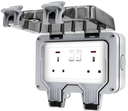 Double Outdoor Socket, IP66 Waterproof Outdoor Plug Sockets with 13Amp 2 Gang Outside Plug Socket, Switch Indicator Light Garden Wall Electrical Outlet Cover Box for Garden, Garage, Yard (No Cable)