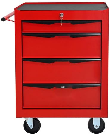 20 Zoll Werkzeugkoffer Rollend mit 4 Schubladen, Stahl Werkzeugwagen mit Kugellager-Schubladen, Aufbewahrungsbox Organizer für Werkzeuge (Rot+Schwarz)