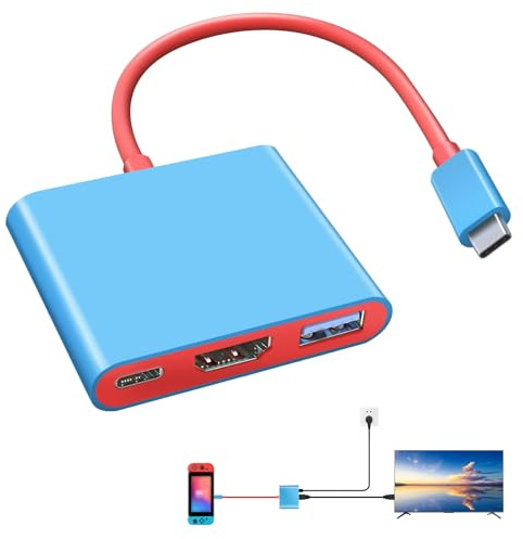 Switch Dock for Nintendo Switch & OLED Portable USB‑C 3‑in‑1 TV Docking Station with 4K HDMI USB 3.0 Port 100W PD Charging Replacement Dock Compatible with Switch Steam Deck MacBook iPad (Blue + Red)