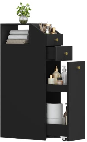 Hzuaneri Meuble Salle de Bain, Armoire de Toilette avec Tiroir, Noir | Placard Étroit, sur roulettes en Bas, Armoire Salle de Bain Étroite, 40 x 20 x 80 cm, BC22006X