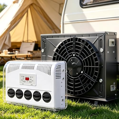 Xjymposium Climatiseur Split pour Camping-Car, 5 Bouches D’Air, Refroidissement Rapide Uniforme, pour Cabine De Camion Et Camping-Car, Unité De Refroidissement éLectrique 12v-Black
