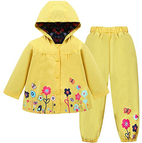 LZH Bambino Impermeabile Ragazza Pioggia Giacca con Cappuccio + Pantaloni Set,Yellow,1-2 anni （90）