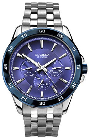 Sekonda Force Mens Analogue Watch 42mm Silver Stainless Steel Bracelet | 50 Metres Water Resistance, chronograph with date display, mineral glass crystal, double lock safety clasp, sunray dial