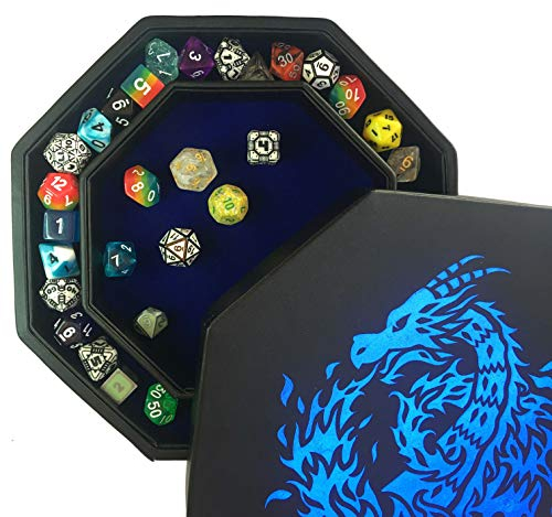 Fantasydice Blue Fire Dragon Dice Tray with Lid – 23CM Octagon with Dice Staging Area, Holds 5 Dice Sets – Perfect for D&D, Call of Cthulhu, Shadowrun, and All Tabletop RPGs